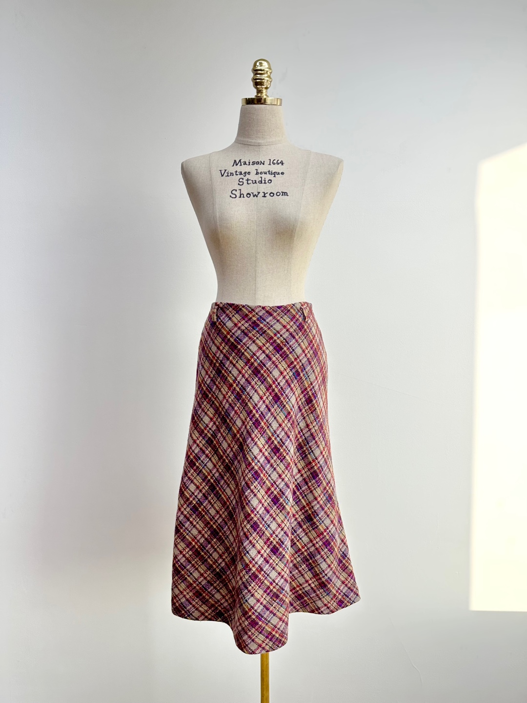 Purple Brown Multicolor Check A-Line Wool Skirt [27inch]