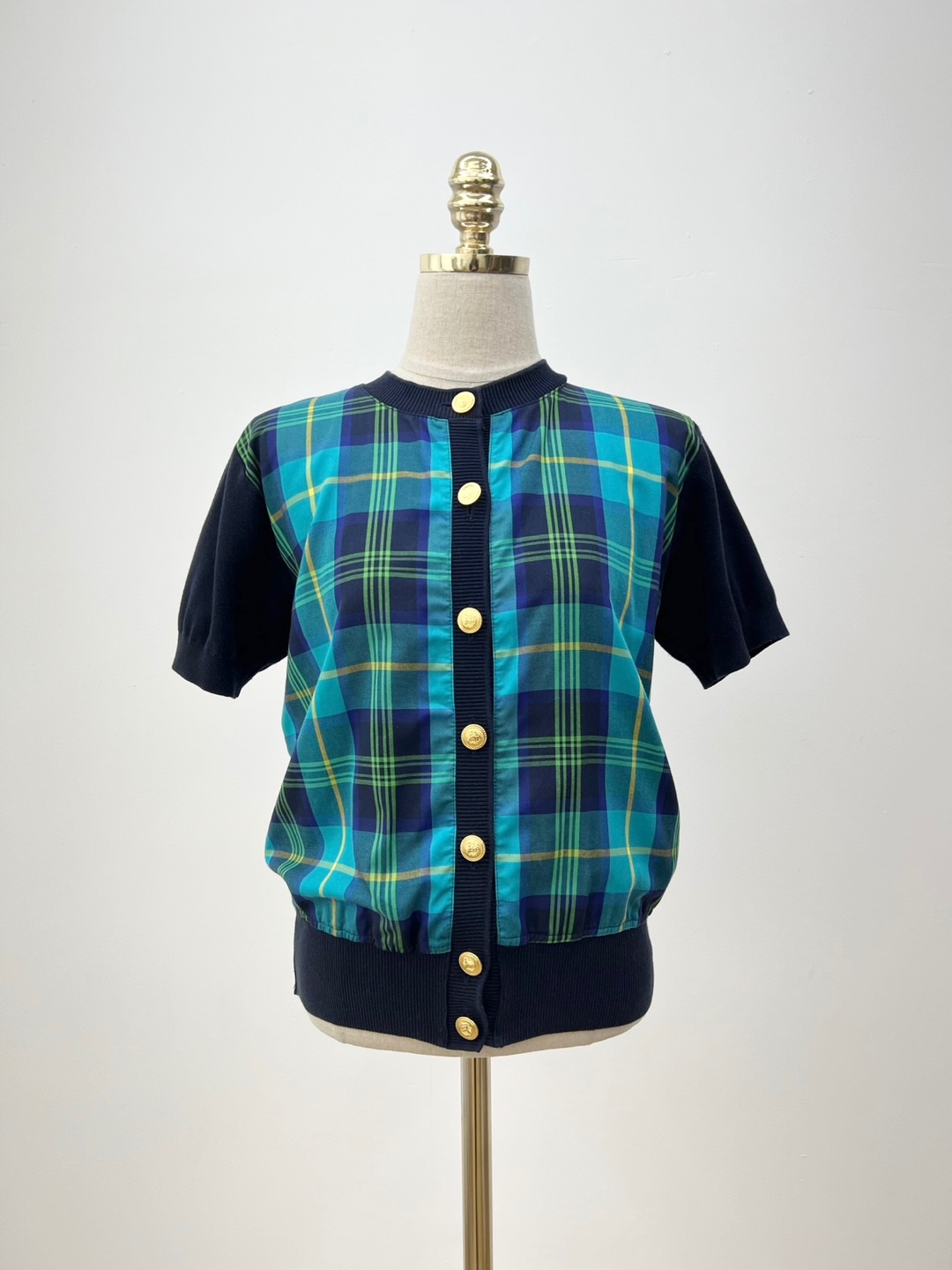 Blue Check Gold Button Short Sleeve Knit Cardigan