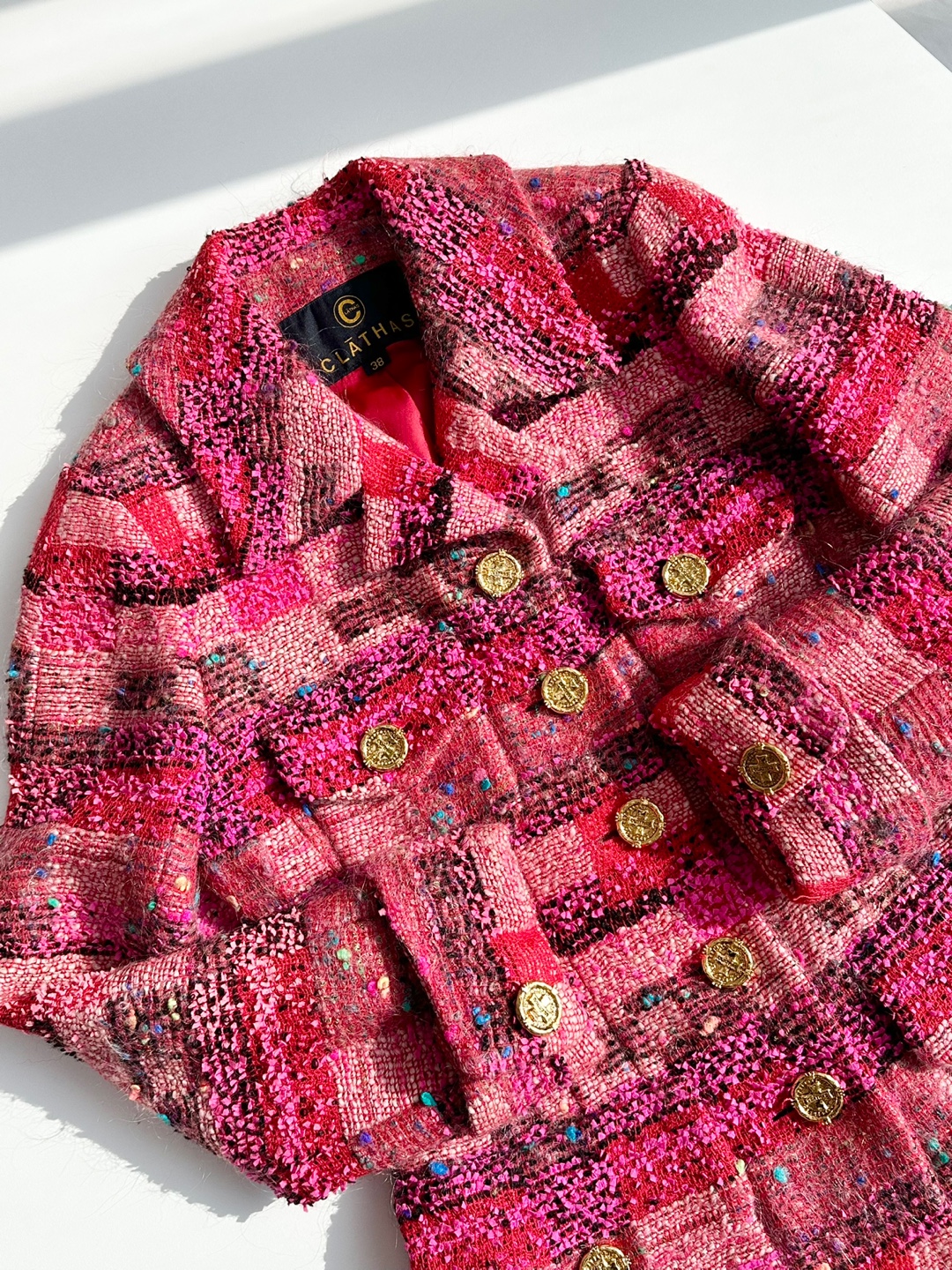 Clathas Pink Red Multicolor Tweed Gold Crown Button Jacket
