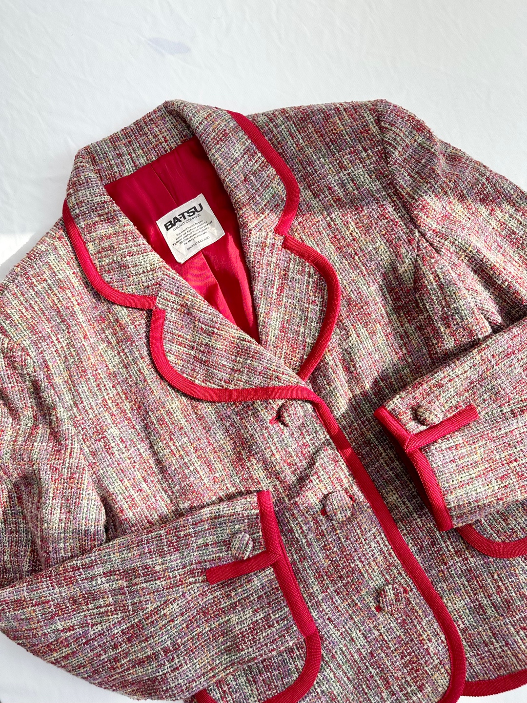 Red Multicolor Tweed Trim Wool Jacket