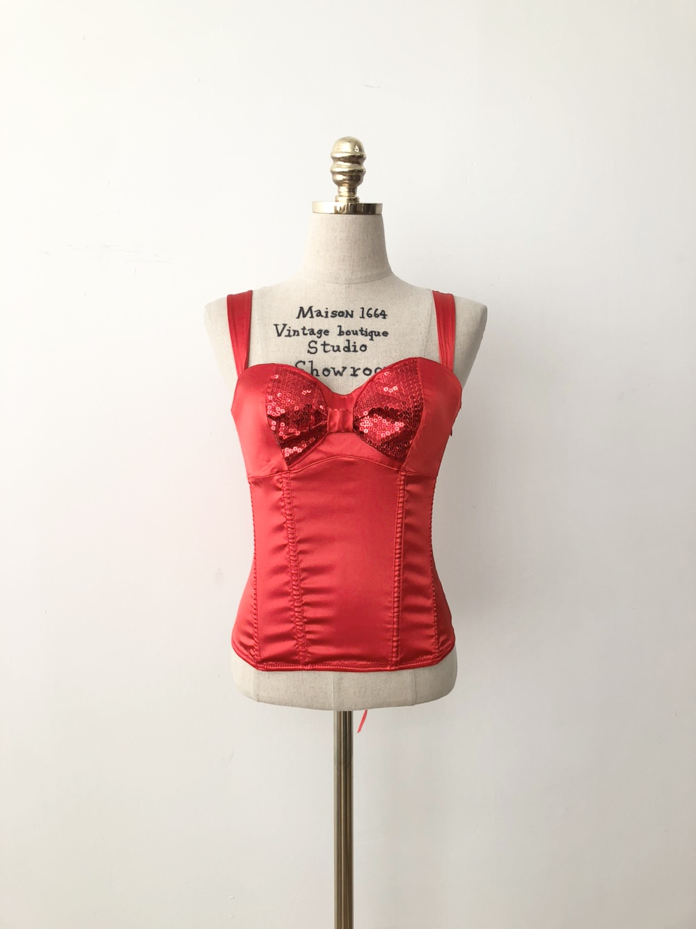 Red Sequined Ribbon Point Back Lace-Up Corset Top