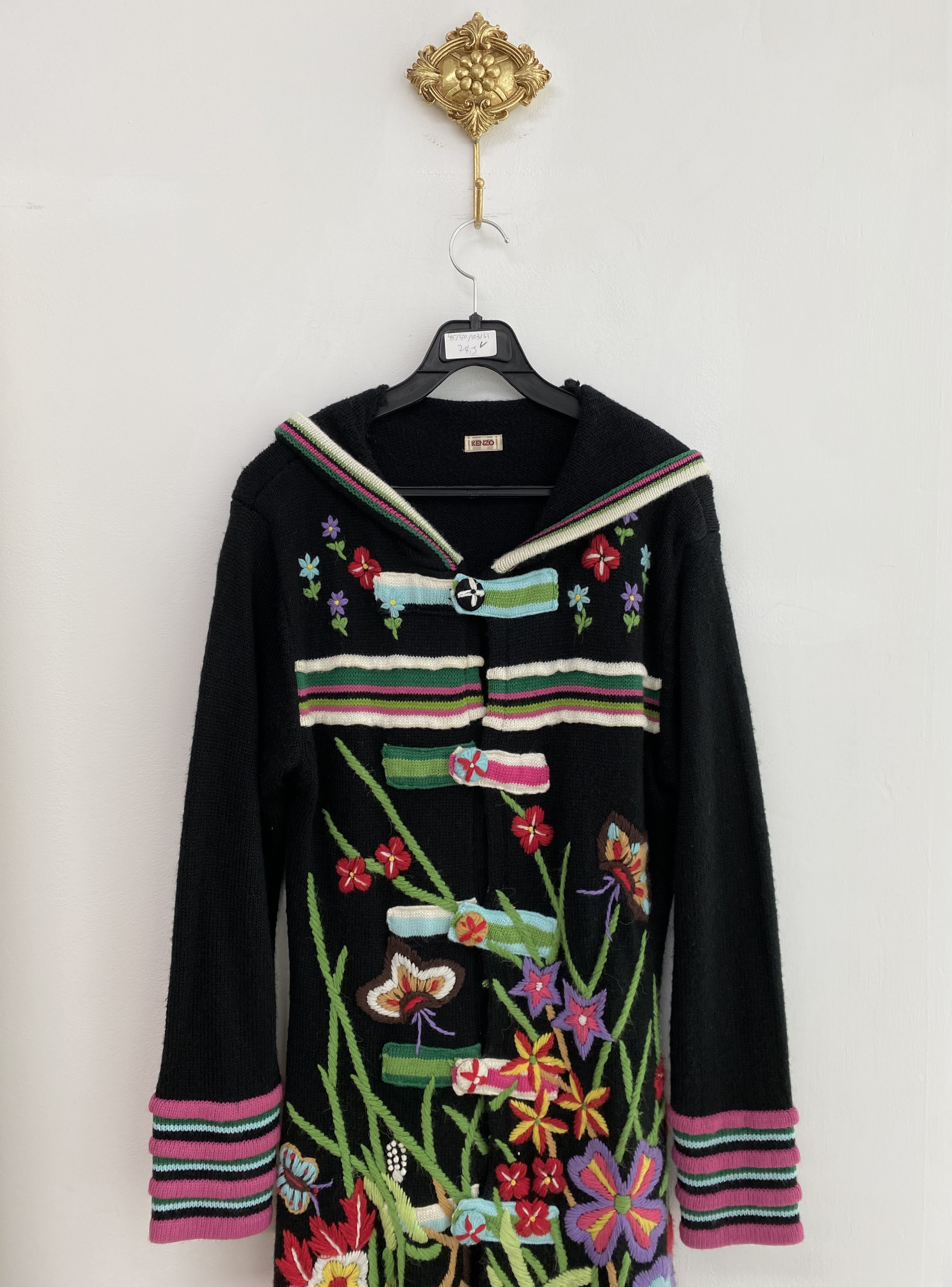 KENZO black colorful embroidery long knit coat