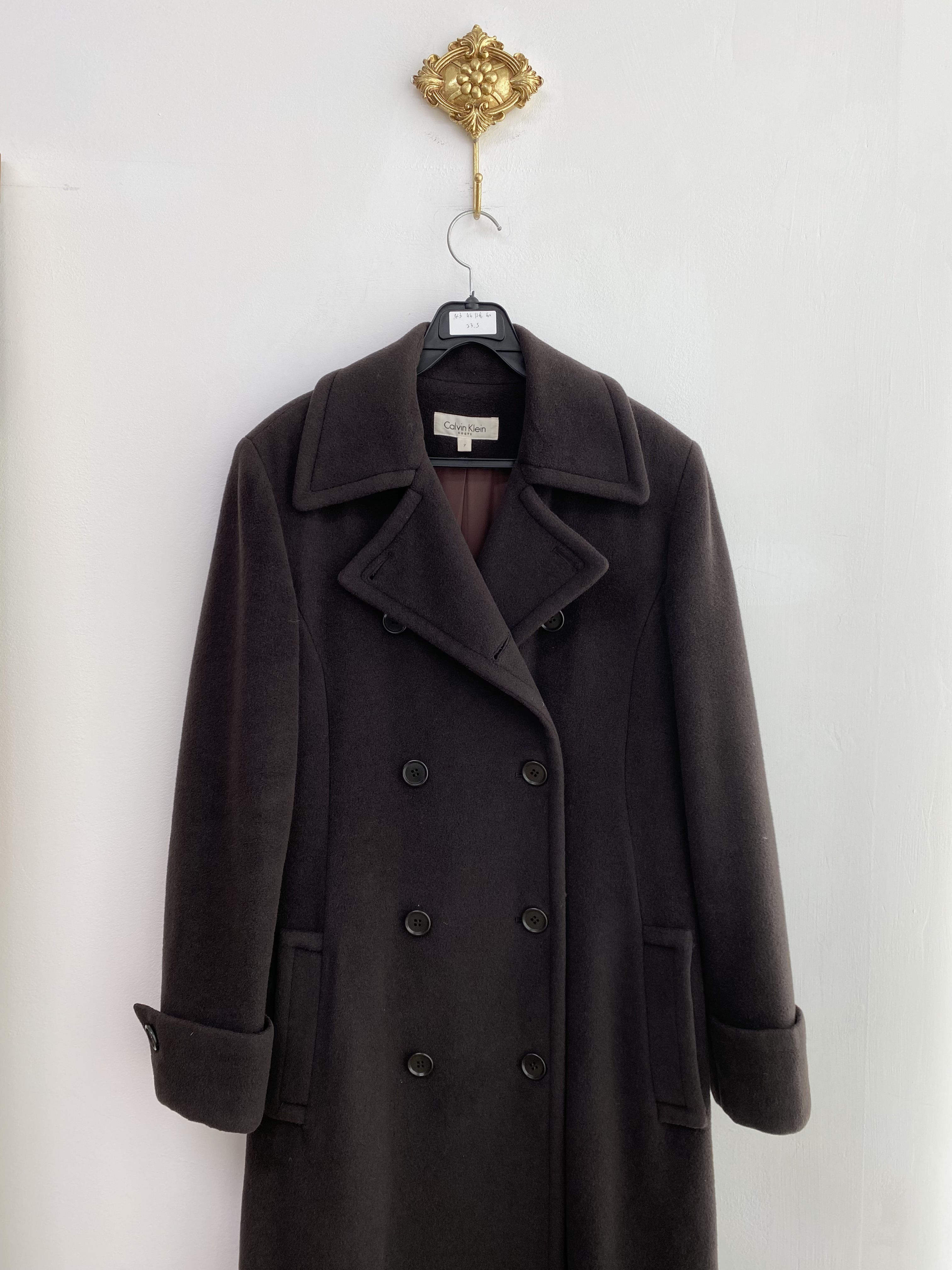 Calvin Klein dark brown wool maxi double coat